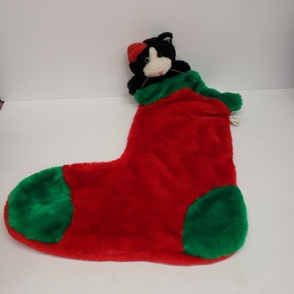Black White Kitty Cat Christmas Holiday Stocking Felt Eyes Red Hat Plush - Picture 10 of 10